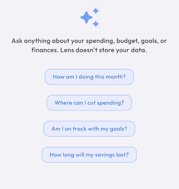 The Ask Lens screen with four suggested questions about spending, cutting back, goals and savings