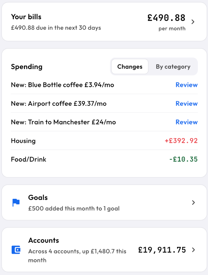 A changes card listing what moved this month and by how much