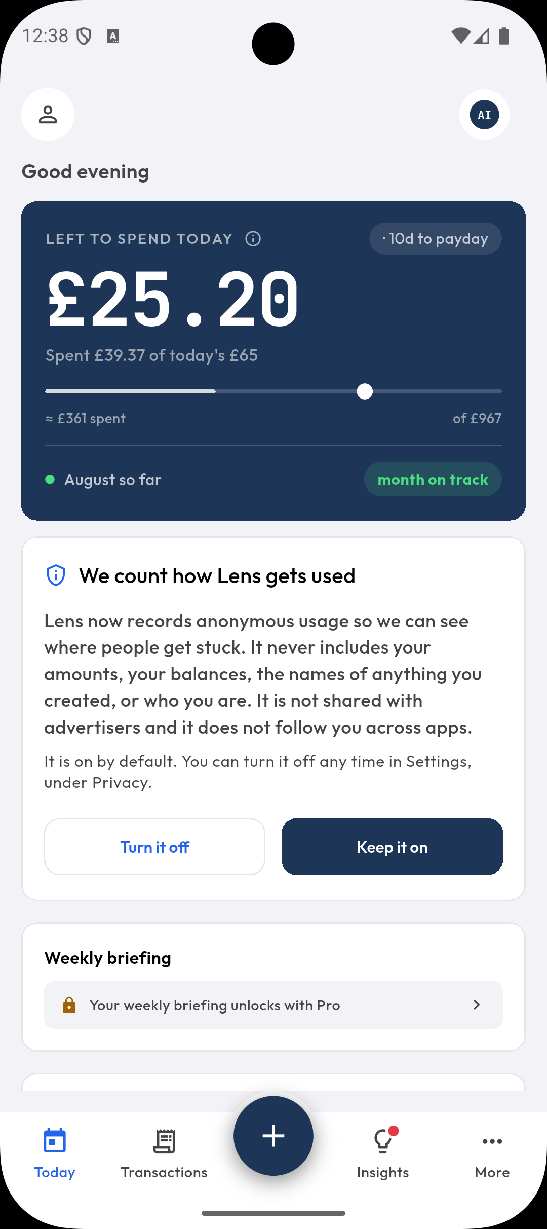 Lens on Android, showing what is left to spend today