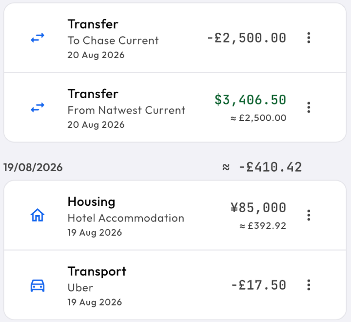 Lens transactions in several currencies: a $3,406.50 transfer shown as £2,500.00 and a ¥85,000 hotel shown as £392.92